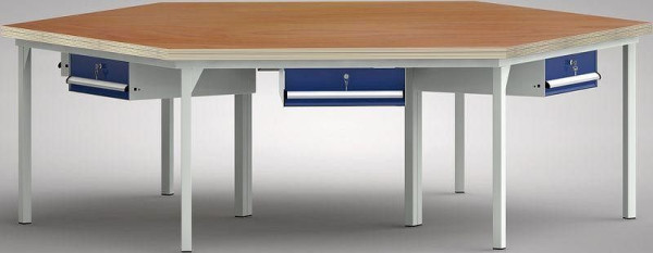 Etabli KLW PROFI de forme hexagonale avec plateau multiplex en hêtre de forme hexagonale 2338 x 2700 x 45 mm L x l x P, WP600N-1350M45-E7003