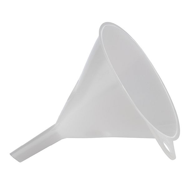 Entonnoir APS, Ø 14 cm, hauteur : 16,5 cm, polyéthylène, blanc, passage : Ø 15 mm, avec boucle de suspension, 30069