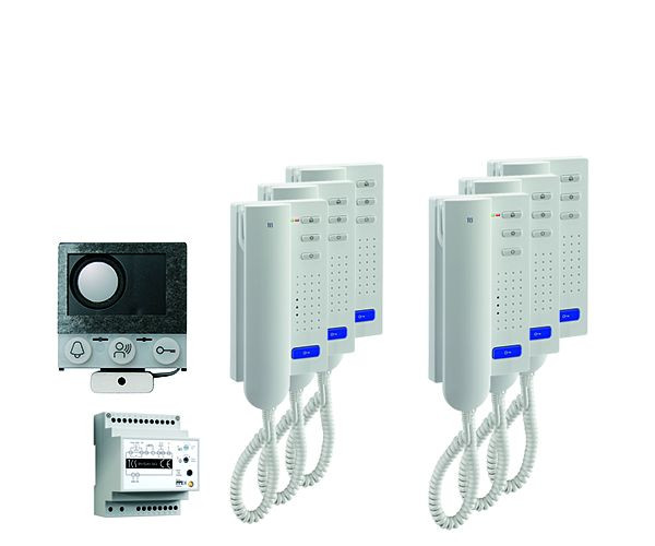 TCS audio:pack installation pour 6 unités résidentielles, avec haut-parleur intégré ASI12000 + 6x interphone ISH3030 + appareil de commande BVS20, PAIH060/004
