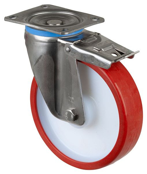 Roulettes BS Roulette robuste en acier inoxydable avec frein, B50 mm, Ø200 mm, jusqu'à 450 kg, surface polyuréthane rouge, roulement à rouleaux, HS120.B28.201
