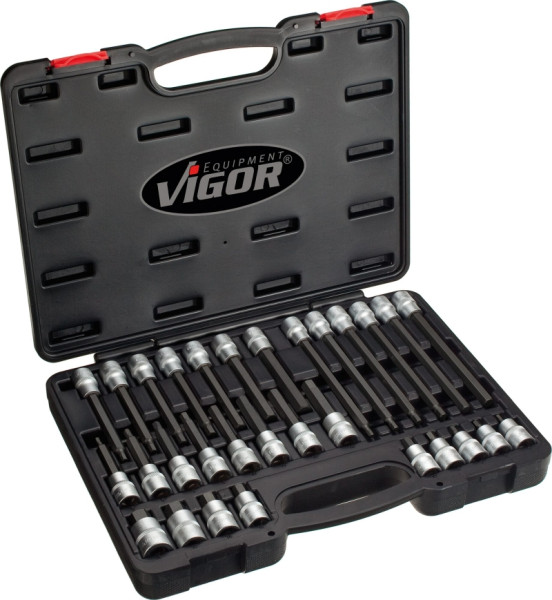 VIGOR jeu d'embouts de tournevis à six pans creux, carré creux 12,5 mm (1/2 pouce), profil à six pans creux, 5 - 19, nombre d'outils : 30, V1919