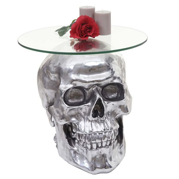 Tête de mort de table d'appoint Mendler HWC-A19, table de salon en verre polyrésine, argent 52x55x55cm, 57017