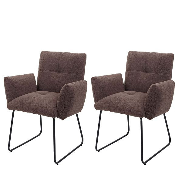Ensemble de 2 chaises de salle à manger Mendler HWC-K34, chaise de cuisine rembourrée avec accoudoirs, tissu Öko-Tex Bouclé/métal textile, marron, 89665