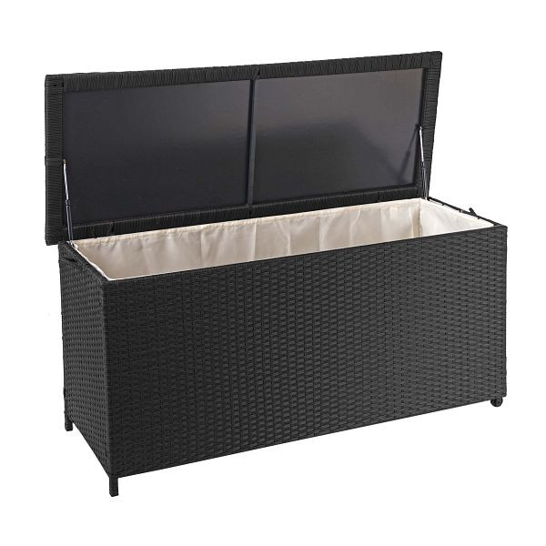 Boîte à coussins en polyrotin Mendler HWC-D88, coffre de jardin, coffre de rangement, noir premium, 63x135x52cm 320l, 64587
