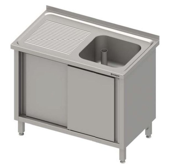 Meuble évier Stalgast à portes coulissantes 1200x600x850 mm, avec un évier à droite, avec dosseret, soudé, VSK12621RA