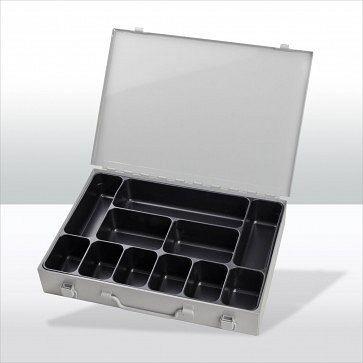 Coffret à outils ADB avec 11 compartiments, dimensions extérieures de la mallette LxlxH : 33,5x24x5 cm, couleur : gris, RAL 7035, 88611