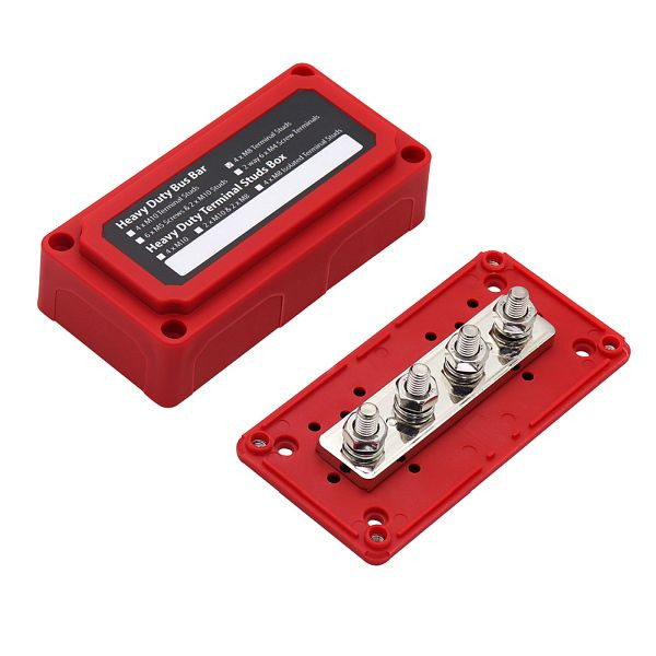 Offgridtec BusBar Box Rouge 4 boulons de connexion M8 avec couvercle et vis de fixation, 8-01-012831