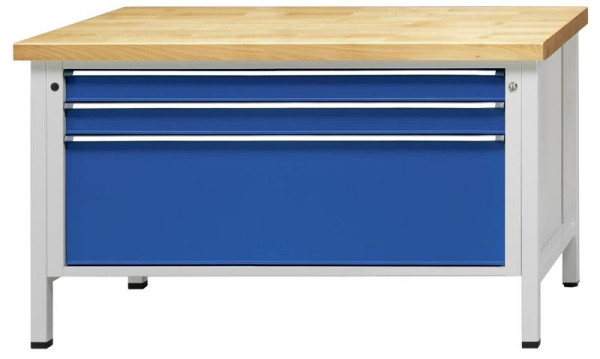 Établi d'armoire ANKE; 1500x800 mm; RAL 7035/5010; Tiroirs au format XXL 1200x600 mm (LxP); 3 tiroirs 90, 90, 360 mm