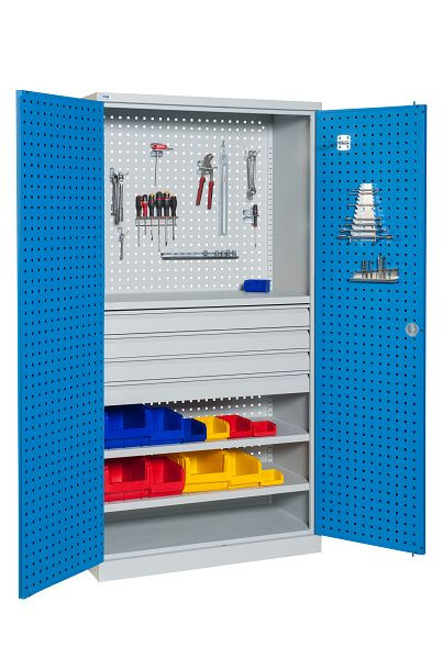 Meuble d'atelier SOFAME à panneaux perforés L 1000 x P 500 x H 1950 mm ; avec 3 tiroirs, 1 étagère et 1 plan de travail en bois, W030080003GCBI