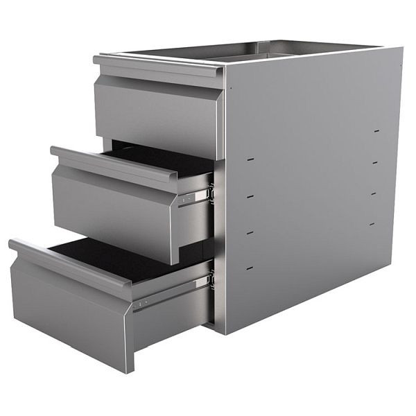 Armoire à tiroirs en acier inoxydable Gastro-Inox avec 3 tiroirs - module de sous-structure, 400x680x550mm, adapté aux tables d'une profondeur de 70 cm, 301.704