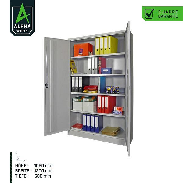 Armoire à portes battantes Alpha Work avec portes en tôle pleine, 1200 x 1950 x 600 mm, corps : gris clair, façade : bleu gentiane, 06055
