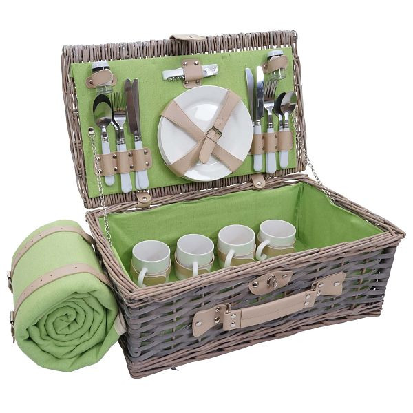 Ensemble de paniers de pique-nique Mendler HWC-B24 pour 4 personnes, panier en osier, acier inoxydable porcelaine, gris-vert, 76400