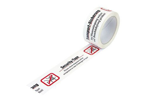 Ruban adhésif d'avertissement DENIOS, PP, impression de sécurité pour le transport, en blanc, 50 mm de large x 66 m, paquet : 12 rouleaux, 299573