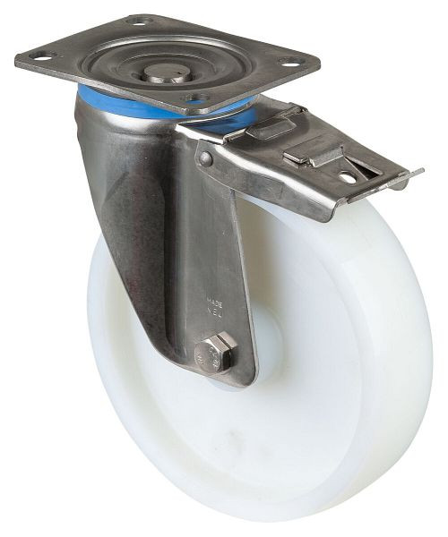 BS Rolls Roulette robuste en acier inoxydable avec frein, largeur 50 mm, Ø200 mm, jusqu'à 450 kg, surface/corps en plastique, roulement à rouleaux en acier inoxydable, HS120.B14.201
