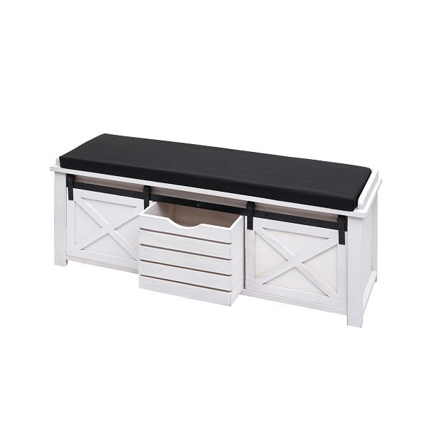 Banc Mendler avec compartiments de rangement HWC-H53, commode de banquette rembourrée, tissu métallique en bois massif aspect shabby 43x102x33cm, blanc, 73776
