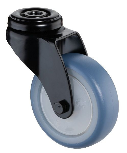 BS Castors Roulette pivotante noire, roue en caoutchouc thermoplastique bleu clair, jante naturelle, roulement à billes, trou arrière, diamètre : 75 mm, pack : 4 pièces, A801.A85.075.05