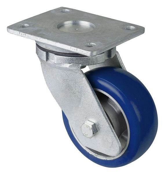 Roulette pivotante pour charges lourdes BS Wheels, roue en polyuréthane 83 Shore, jante en aluminium, roulement à billes, platine, diamètre : 125 mm, RR100.B92.125