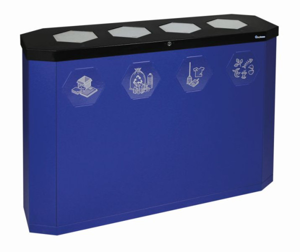 station de recyclage blunt Sixco 4 swing 4 compartiments, 4 x 45 litres, bleu outremer métallisé, 830x1200x355 mm (HxLxP), avec rabats en acier inoxydable, 560-180-05
