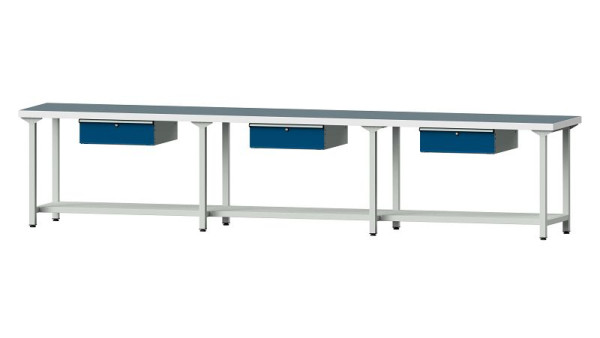 Table de travail ANKE, modèle 103, 4050 x 700 x 850 mm, RAL 7035/5010, UBP 50 mm, 400.542