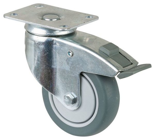 Roulettes BS Roulettes pour appareils lourds avec frein, largeur 30 mm, Ø100 mm, jusqu'à 80 kg, caoutchouc gris, roulements à billes, platine, lot de 2, C120.A85.100