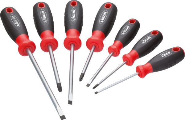 Jeu de tournevis VIGOR, profil à fente, profil à fente cruciforme PH, 0,6 x 3 - 1,2 x 6,5, PH0 - PH2, nombre d'outils : 7, V1637
