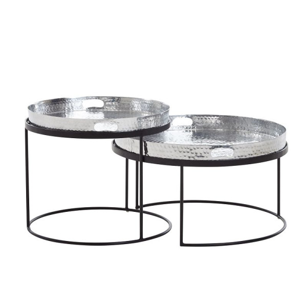 Wohnling Lot de 2 tables basses rondes martelées en métal argenté/noir, table de canapé avec plateau amovible, table de canapé 2 pièces moderne, WL6.462