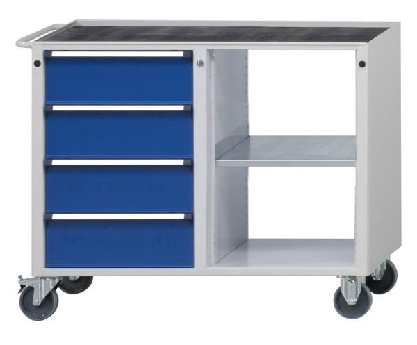 Chariot d'atelier ANKE; 1140x650x970 mm; RAL 7035/5010; Plateau en hêtre massif 40 mm; Logement en 2 parties; A gauche 4 tiroirs 180 mm; 1 étagère droite, 460.201