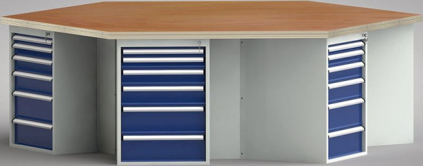 Etabli standard KLW de forme hexagonale avec plateau multiplex en hêtre de forme hexagonale 2338 x 2700 x 40 mm L x l x P, WS620N-1350M40-E8015
