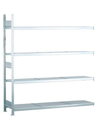 Rayonnage grande portée Schulte avec tablettes en acier, champ supplémentaire, 4 niveaux de rangement, largeur des compartiments 2500 mm, 2506 x 536 x 2500 mm, 278909