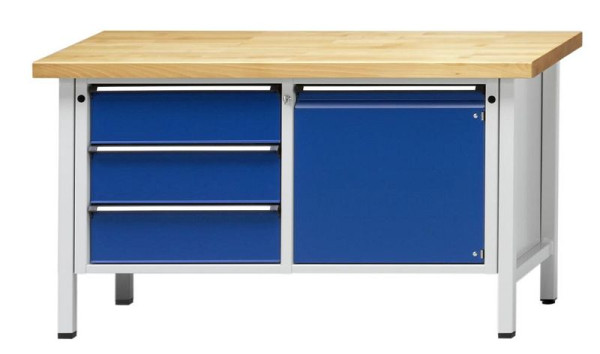 Établi d'armoire ANKE; 1500 x 700 mm; RAL 7035/5010; A gauche 3 tiroirs 180 mm; Droite 1 porte 540 mm