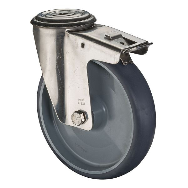 Rouleau de transport en inox avec frein, L50 mm, Ø200 mm, jusqu'à 200 kg, pneus thermoplastiques gris, paliers lisses, H121.B43.200