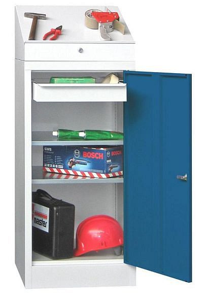 Combinaison armoire à outils Pavoy avec bureau 1270/500/500, 2 étagères galvanisées, 1 tiroir, 32370-050-016-910510