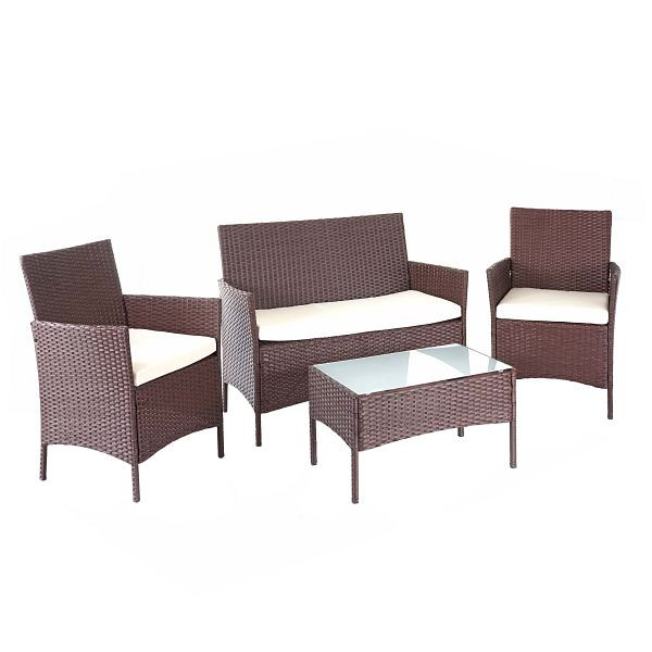 Ensemble de jardin en rotin synthétique Mendler HWC-D82, ensemble de salon, marron chiné avec coussins crème, 64503