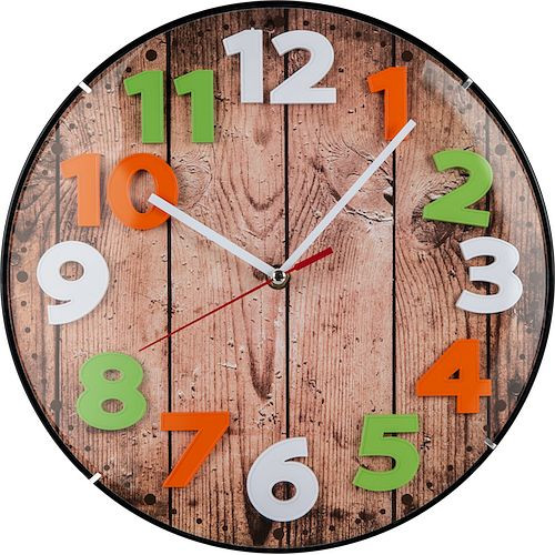 Horloge murale à quartz Technoline, aspect bois, chiffres colorés, plastique, dimensions : Ø 30 cm, WT 7435