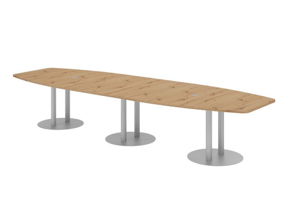 Table de conférence Hammerbacher KT40S, 400 x 130 cm, plateau : chêne noueux, épaisseur 25 mm, avec trois pieds colonnes argentés, 7,6/70 cm, hauteur de travail 74 cm, VKT40S/R/S