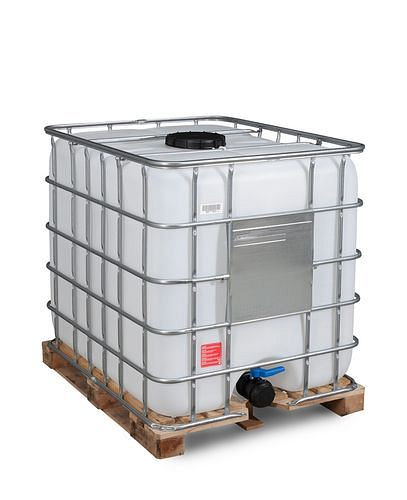 Conteneur DENIOS Recobulk IBC, palette bois, 1000 l, ouverture NW225, sortie NW80, 266-178
