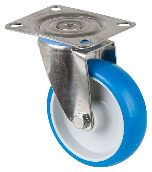 Rouleau de transport BS rollers inox, largeur 32 mm, Ø100 mm, jusqu'à 110 kg, bande de roulement polyuréthane bleu, corps de roue plastique, palier lisse, platine, H100.B32.100