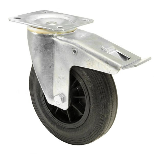 Rouleau de transport BS rollers avec frein, largeur 50 mm, Ø200 mm, jusqu'à 205 kg, caoutchouc noir, corps de roue en plastique, roulement à rouleaux, plateau, L420.B45.200