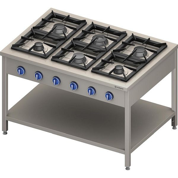 Réchaud à gaz Stalgast série 900 - 6 brûleurs (3,5+3x5+2x7), 32,5 kW, G20, 1300 x 900 x 850 mm (LxPxH), FS03610SE
