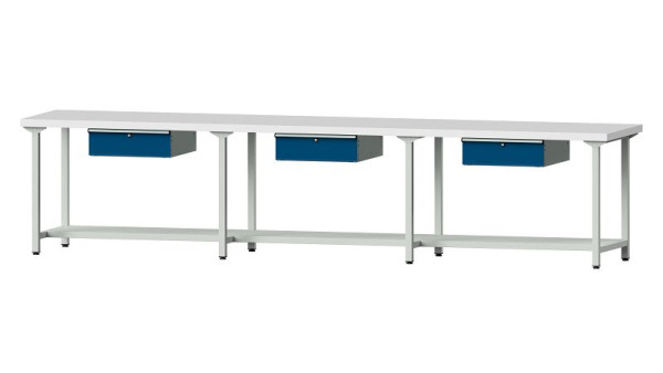 Bancs de travail ANKE table de travail, modèle 203, 4050 x 800 x 900 mm, RAL 7035/5010, KSP 50 mm, 401.539