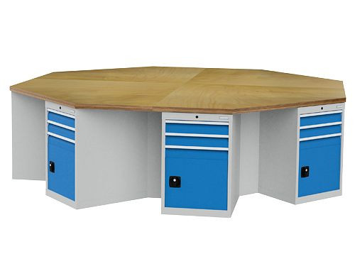 Établi octogonal Bedrunka+Hirth, profondeur 736, R 18-24, nombre de tiroirs par armoire : 2, dimensions en mm (LxPxH) : 3020 x 3020 x 859, 03.88.3/400V