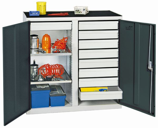 armoire à outils et matériaux contondants série 2000, 7035/7016, 9 tiroirs, cloison centrale, 2 étagères, 2002971