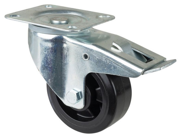 Rouleau de transport BS rollers avec frein, largeur 50 mm, Ø125 mm, jusqu'à 300 kg, pneus élastiques noirs, corps de roue en plastique, roulement à rouleaux, LSS420.B60.125