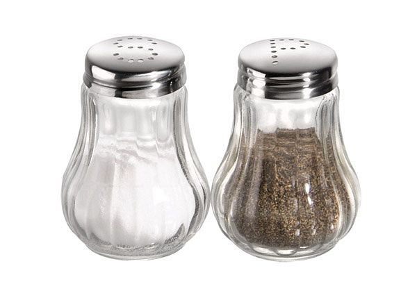 Salière et poivrière APS, chacun Ø 5 cm, hauteur : 6,5 cm, récipient en verre, couvercle en acier inoxydable, design nervuré, 40501