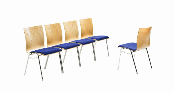 Chaise empilable Mayer Sitzmöbel , structure chromée, aspect hêtre, assise rembourrée, hauteur d'assise 46 cm, bleu moyen, 2118_01_26396