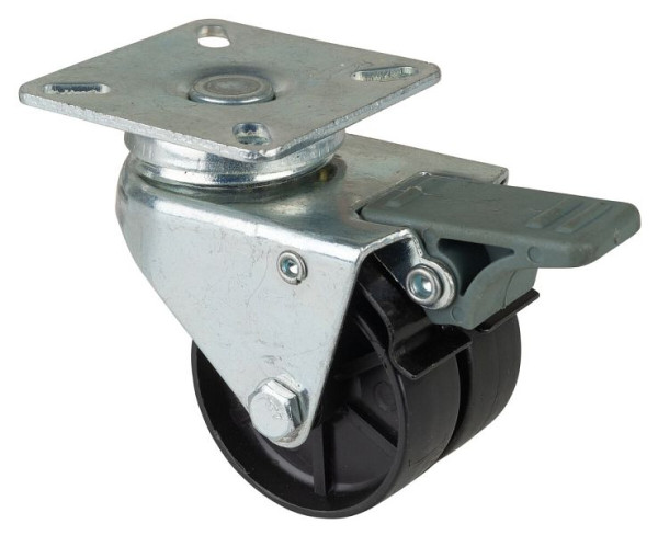 Appareil à rouleaux BS double rouleau avec frein, B2x19 mm, Ø50 mm, jusqu'à 80 kg, surface en plastique noir, palier lisse, lot de 4, B120.A90.051