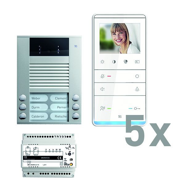 Vidéo du système de commande de porte TCS : pack AP pour 5 unités d'habitation, avec platine de rue AVE 6 boutons de sonnerie, 5x haut-parleur mains libres vidéo IVW5111, commande, PVE16050-0010