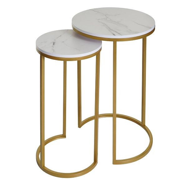 Mendler ensemble de 2 tables d'appoint HWC-K46, table basse table de chevet table de salon, aspect marbre MDF, or blanc, 94401