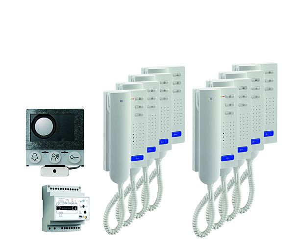 TCS audio:pack installation pour 8 unités résidentielles, avec haut-parleur intégré ASI12000 + 8x interphone ISH3030 + centrale BVS20, PAIH080/004
