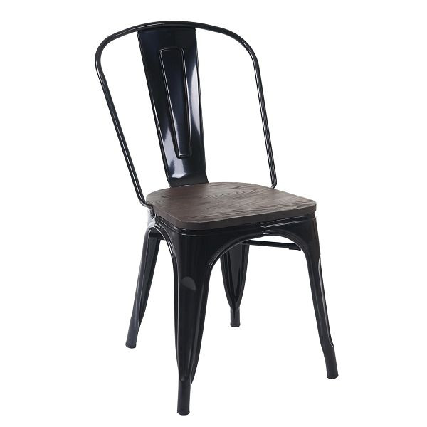 Chaise Mendler HWC-A73 avec siège en bois, chaise de bistrot, chaise empilable, design industriel en métal, empilable, noir, 74893